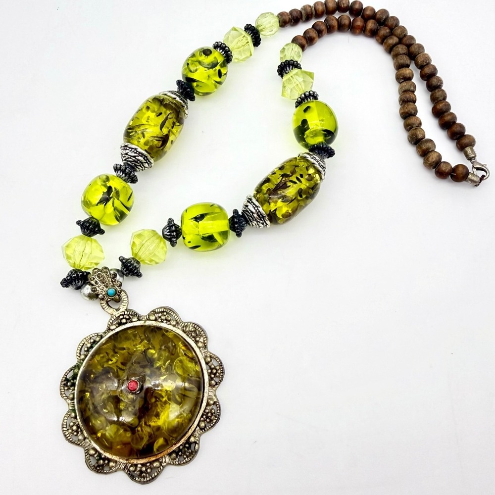 Boho Tribal Amber Copal Necklace Oversize Medallion Pendant UV Glow Tibetan